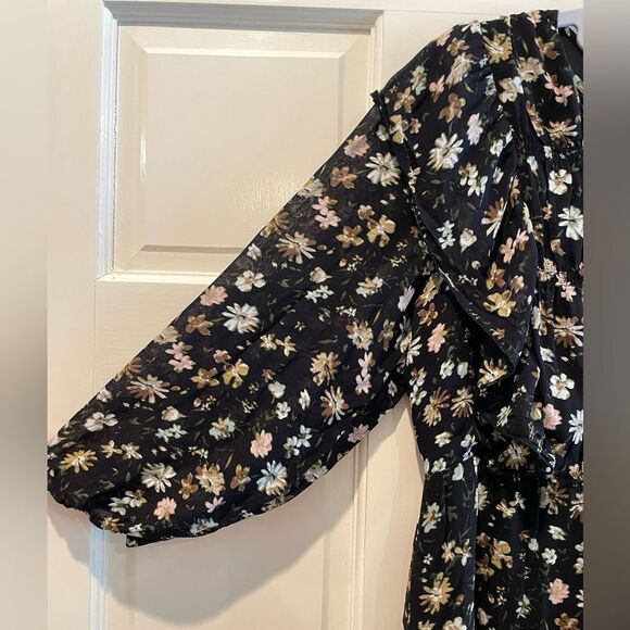 Sanctuary Black Floral Ruffle Long Sleeve Mini Dress Fully Lined Size Medium - Picture 3 of 7